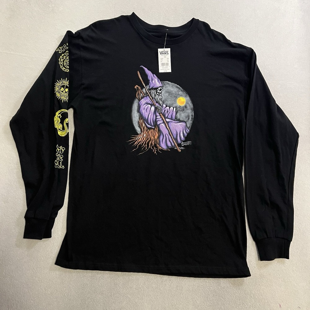 VANS Shirt Men's Size Large Black Long Sleeve Wizard Skeleton Moon Off The Wall